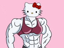 a cartoon of hello kitty with muscles and a red bow on her head