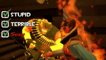 a video game screen shows a man with a gun and the words stupid terrible and sexy