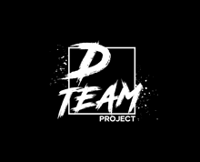 the p team project logo is white on a black background and has a square frame around it .