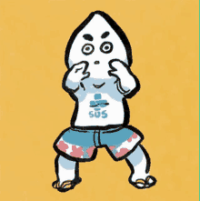 a cartoon drawing of a person wearing shorts and a shirt that says sus