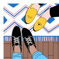 a pair of feet wearing black shoes and yellow shoes