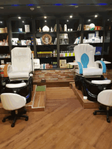 two chairs in a room with shelves behind them