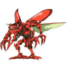 a cartoon drawing of a red robot with green wings and claws .