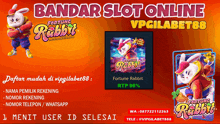 an advertisement for bandar slot online with a rabbit on it