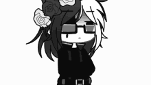 a black and white drawing of a girl with glasses and a flower in her hair