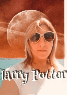 a woman wearing sunglasses with the word harry potter on the bottom