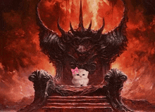 a white cat with a pink bow sits on a demon 's throne