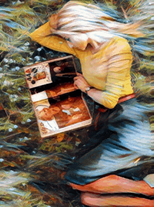 a painting of a woman laying in the grass reading a book titled ' a woman 's diary '