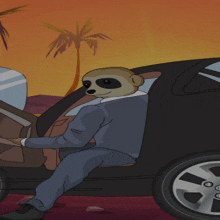 a meerkat in a suit sits in a car