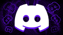 a purple and white discord logo surrounded by purple faces