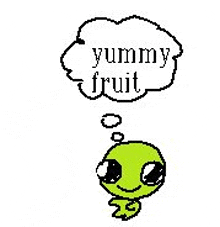 a green alien with a thought bubble that says `` yummy fruit '' .