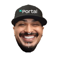 a man with a beard wears a black hat that says portal