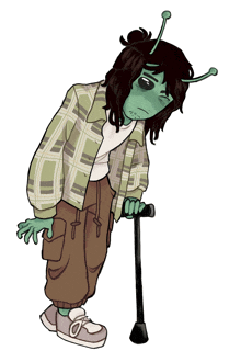 a cartoon drawing of a green alien with a cane