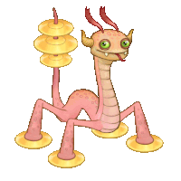 a cartoon drawing of a pink monster with horns holding a stack of cymbals