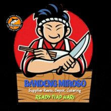 a cartoon of a man holding a knife and chopsticks with the words bandeng miroso supplier resto depot catering