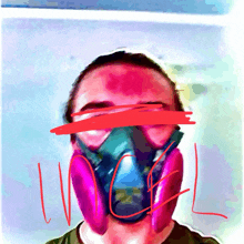 a painting of a man wearing a gas mask with the word l on the bottom right