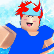 a cartoon character wearing a blue shirt and a blue helmet with red horns