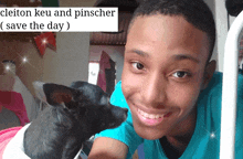 a picture of a man and a dog with the caption cleiton keu and pinscher save the day