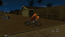 a screenshot of a video game shows a person riding a bike on a street at night