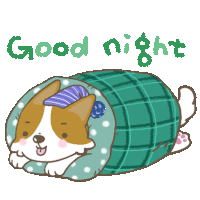 a cartoon of a dog wrapped in a plaid blanket with the words good night written above it