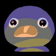 a cartoon drawing of a bird with a purple head and orange beak