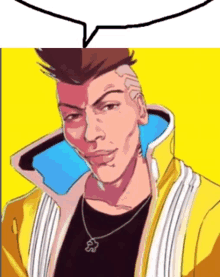 a cartoon drawing of a man with a mohawk wearing a yellow jacket