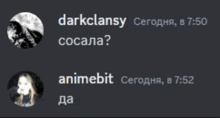 a screenshot of a discord conversation between darkclansy and animebit