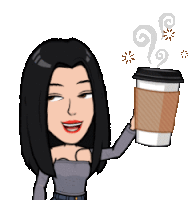 a cartoon of a woman holding a cup of coffee with steam coming out of it