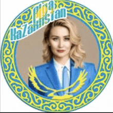 a woman in a blue suit and tie is in a circle with the words kazakhstan on it