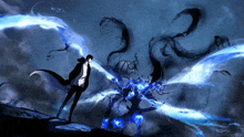 a man in a black cape is standing in front of a monster with blue flames coming out of it