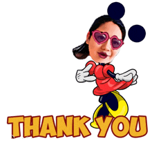 a cartoon of a woman in a minnie mouse outfit with the words thank you below her