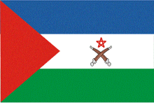 a flag with two crossed swords and a red star