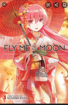 a book called fly me to the moon has a girl in a kimono holding an umbrella