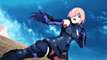 a pink haired anime character with purple gloves and armor