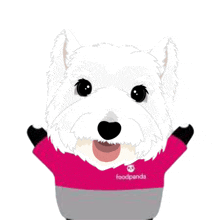 a white dog is wearing a pink shirt that says foodpanda on it