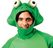 a man is wearing a green frog costume with a hood and big eyes .