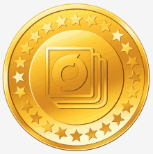 a gold coin with a stack of books in the center and stars around it