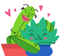 a cartoon illustration of two cactus hugging each other with hearts in the background