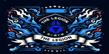 a logo for the legion with blue flames and a white ribbon