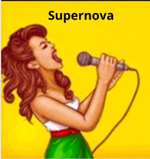 a cartoon of a woman singing into a microphone with the words supernova above her