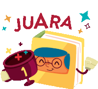 a cartoon illustration of a book and a trophy with the word juara written above it