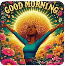 a picture of a woman with her arms outstretched and the words good morning