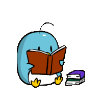 a penguin reading a book next to a stack of books