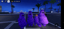 a group of purple cartoon characters are standing on a street