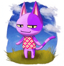 a purple and white cat is standing in a field wearing a pink dress .