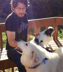 a man sitting on a bench petting two dogs one of which is wearing a black shirt that says eagle