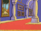 a cartoon of a hallway with paintings on the walls and a red carpet