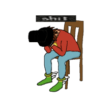 a cartoon drawing of a person sitting in a chair with the word shit above him