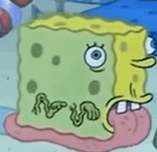 a close up of a spongebob squarepants cartoon character with a big eye and a mouth .