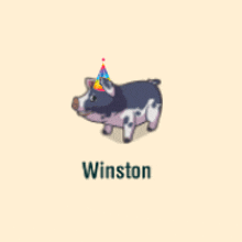 a cartoon pig wearing a party hat with the name winston underneath it